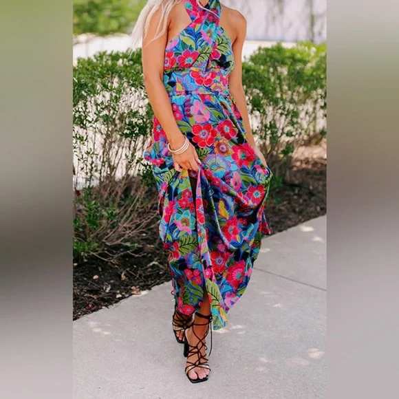 NWOT Sugarlips Vibrant Floral Halter Style Maxi Dress - Picture 3 of 13